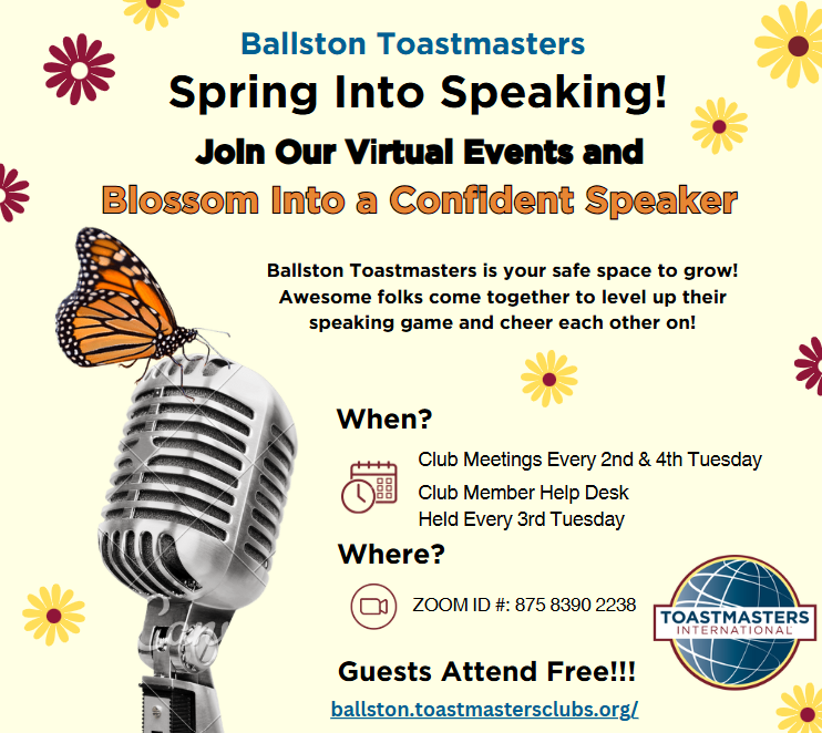 Ballston Toastmasters Meets Online 2nd and 4th Tuesdays